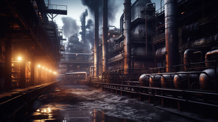 Industrial landscape with smokestacks at sunsetの素材