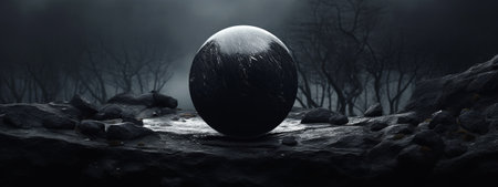 Black and white 3D illustration of a planet on a dark backgroundの素材