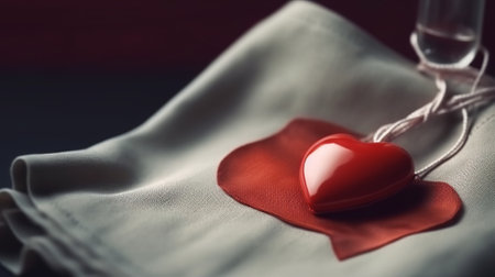 Human hands holding a red heart on blue backgroundの素材