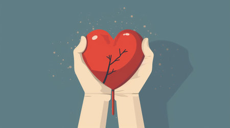 Human hands holding a red heart on blue backgroundの素材