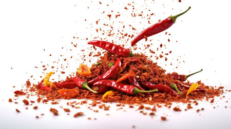 Chili pepper and chili powder on a white background. Isolatedの素材
