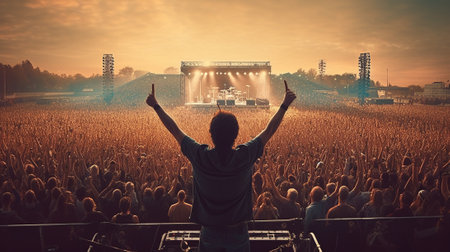 Crowd cheering at a concert in front of a big city.の素材