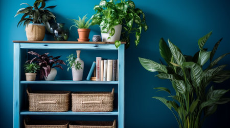 Beautiful green houseplants on blue shelf in living room.の素材