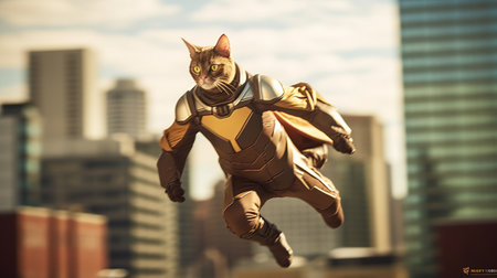 Superhero cat flying in the air over the city.の素材