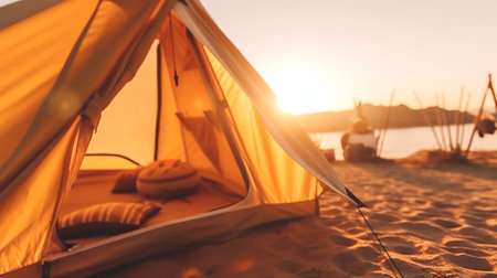 Camping tent on the beach at sunset. Vacation concept.の素材