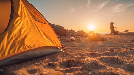 Camping tent on the beach at sunset. Vacation concept.の素材