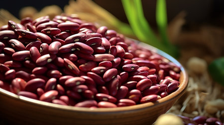 red beans in a wooden bowl on the table, close-upの素材