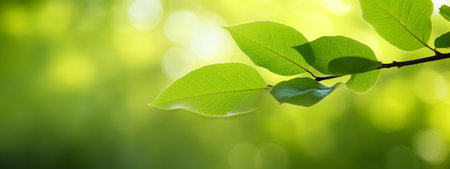 Close up view of green leaf on blurred greenery background under sunlight. Ecology and environment concept.の素材
