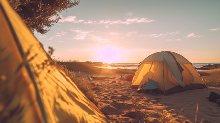 Camping tent on the beach at sunset. Vacation concept.の素材