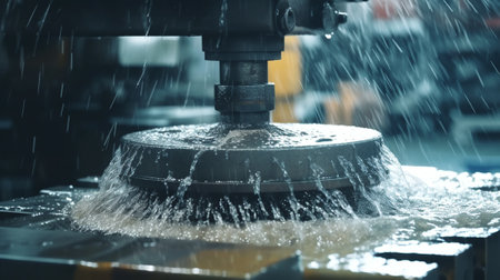 The CNC milling machine cutting the automotive part with the sparking light. The hi-technology automotive parts manufacturing process by CNC machining center.の素材