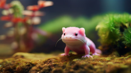 Pink Axolotl in the aquarium with green moss, close-upの素材