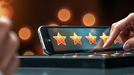 Close-up Of A Person's Hand Holding Smartphone With Stars Rating On Screenの素材