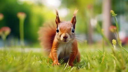 Red squirrel sits on a log in the forest and looks at the cameraの素材