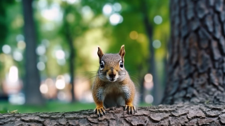 Red squirrel sits on a log in the forest and looks at the cameraの素材