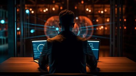 Rear view of a businessman working on computers in an office at nightの素材