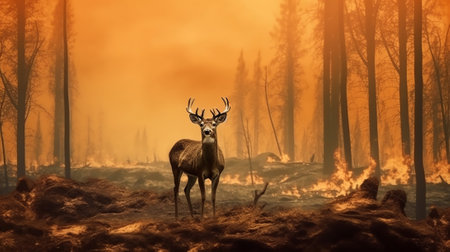 Deer with big antlers on the background of a forest fireの素材
