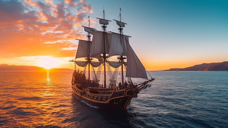 Sailing ship in the sea at sunset timeの素材