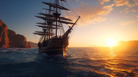 Sailing ship in the sea at sunset timeの素材