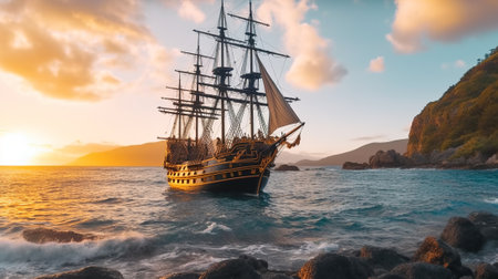 Sailing ship in the sea at sunset timeの素材