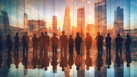 Silhouette of Business People Meeting and Cityscape at Sunset Conceptの素材