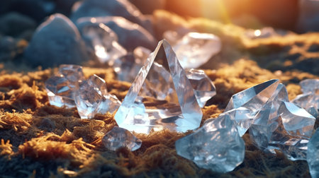 Crystals of quartz on a black stone background.の素材