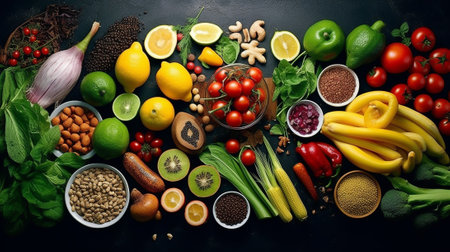 Healthy food ingredients for cooking on black background. Top view.の素材