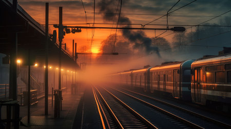 Railway station in a foggy morning with a train in motionの素材