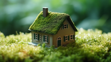 Miniature house on green moss background. Real estate and property concept.の素材