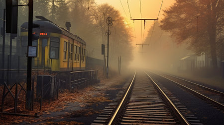 Railway station in a foggy morning with a train in motionの素材