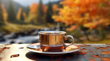 Cup of coffee on the autumn background. Cup of coffee on autumn backgroundの素材