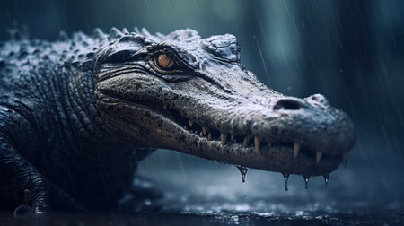 Crocodile in the rain. Close-up of a crocodile.の素材