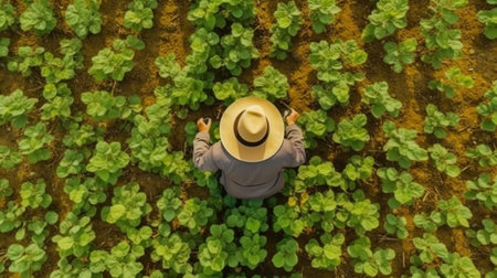 Aerial view of a farmer in a hat standing in a vegetable garden.の素材