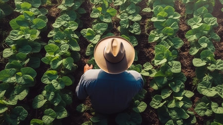 Aerial view of a farmer in a hat standing in a vegetable garden.の素材