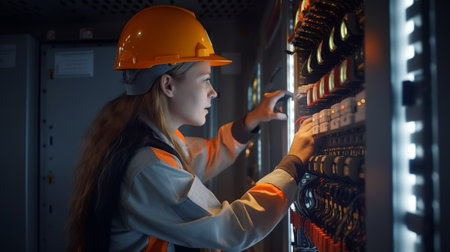 Serious female engineer working in server room. Young woman in hardhat and safety goggles standing near network switchboard. Industrial and technology conceptの素材