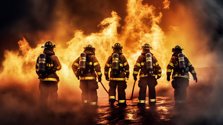 Firefighters fighting a fire in a burning building. Firefighters trainingの素材