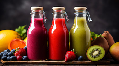 Bottles of fresh fruit and vegetable juices. Detox diet.の素材