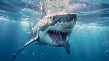 Great White Shark (Carcharodon carcharias) in blue waterの素材