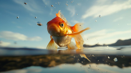goldfish jumping out of the water at sunset in the sea.の素材
