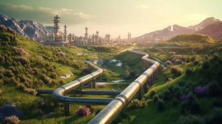 oil refinery plant with reflection in the waterの素材