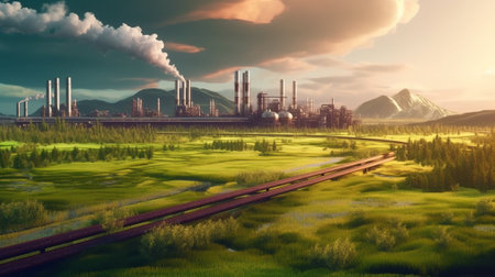 oil refinery plant with reflection in the waterの素材