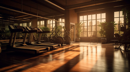 Interior of a modern fitness hall with sport equipmentの素材