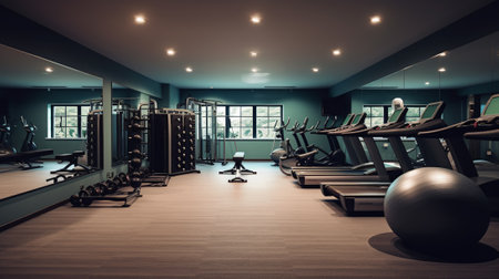 Interior of a modern fitness hall with sport equipmentの素材