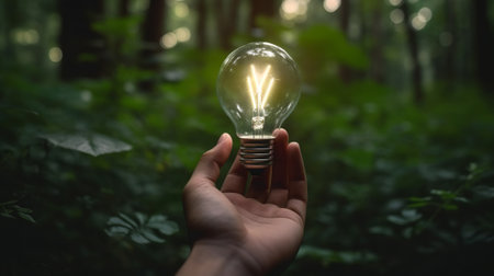Hand holding a light bulb in the forest. Green energy concept.の素材