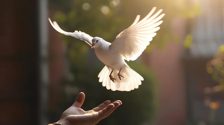 Female hand holding a white dove on the background of the setting sunの素材
