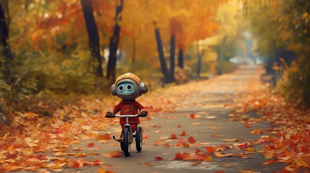 a robot riding a motorcycle in the autumn parkの素材