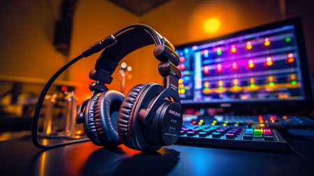 Headphones on the background of a sound recording studioの素材