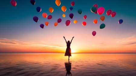 Happy young woman with colorful balloons on the beach at beautiful sunset.の素材