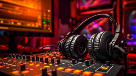 Headphones on the background of a sound recording studioの素材
