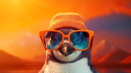 Penguin wearing orange sunglasses on colorful backgroundの素材
