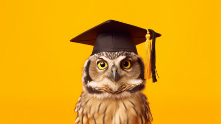 Owl with graduation cap on yellow background. Education concept. Copy space.の素材
